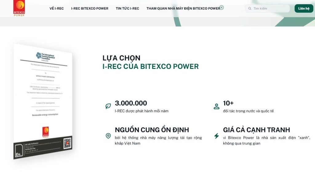 Bitexco Power ra mắt website chứng chỉ Năng lượng tái tạo quốc tế (I-REC)